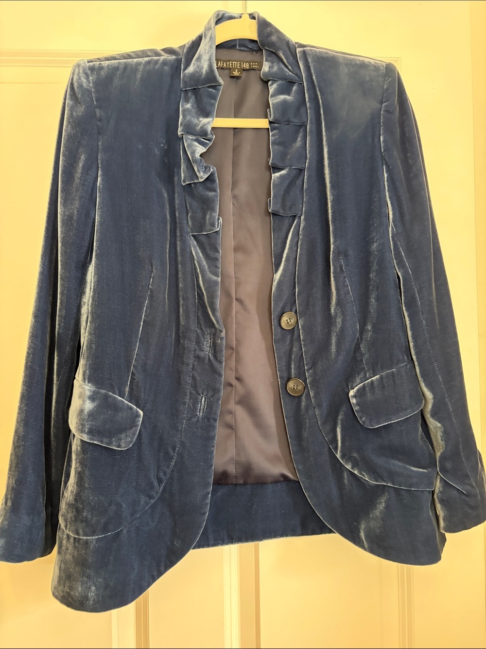 Lafayette 148 New York Blue Velvet Ruffle-Trim Blazer
